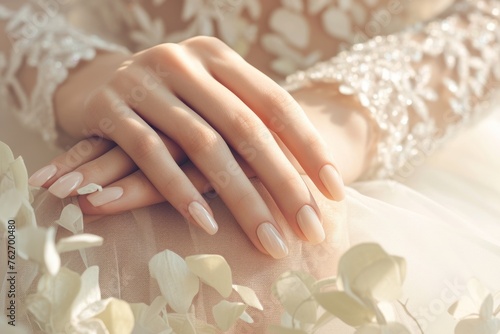 Wedding nail design of the bride  beautiful hands of the bride with well-groomed manicure