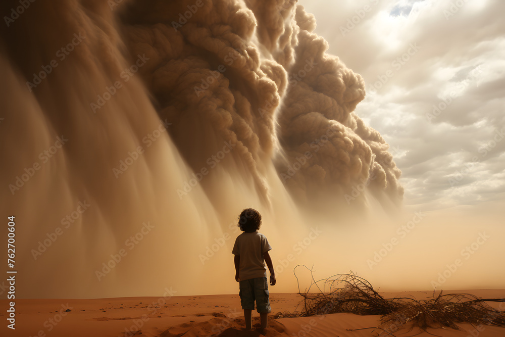 Kid standing in front of a massive sandstorm, kid standing next to sandstorm looking up Kid standing in front of a massive sandstorm, kid standing next to sandstorm looking up