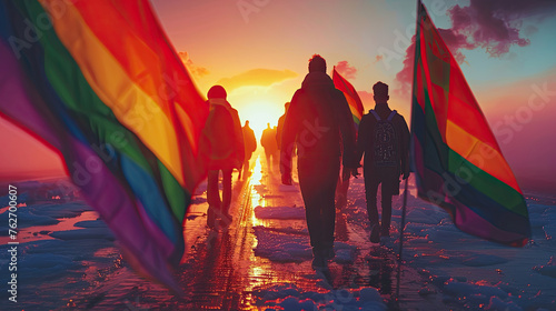 LGBTQ concept, LGBTQ people celebrating pride in a parade together while raising the rainbow pride flag. Group of young queer individuals celebrating together