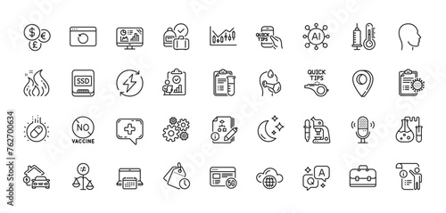 Portfolio, Tutorials and Sick man line icons pack. AI, Question and Answer, Map pin icons. Microphone, Cloud computing, Analytics graph web icon. Vector