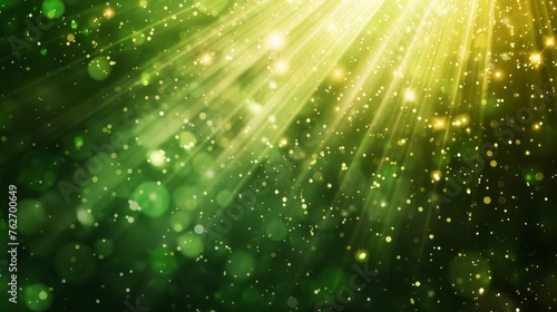 Asymmetric green light burst, abstract beautiful rays of lights on dark green background with the color of green and yellow, golden green sparkling backdrop with copy space. ©  valentinaphoenix