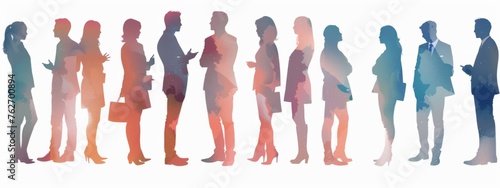 Silhouettes of men and women in business attire talking to each other, standing against a white background Generative AI #762700894