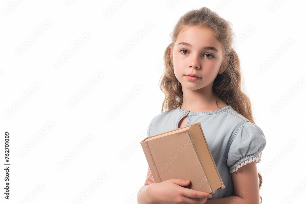 Little girl holding a book isolated on copy space white background Little girl holding a book isolated on copy space white background