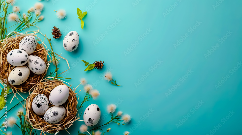 Happy Easter concept. Preparation for holiday. Simple minimalism flat lay top view copy space banner.