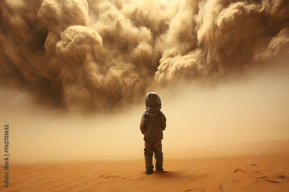Kid standing in front of a massive sandstorm, kid standing next to sandstorm looking up Kid standing in front of a massive sandstorm, kid standing next to sandstorm looking up