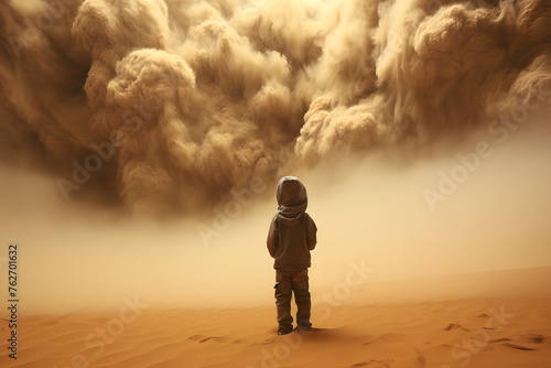 Kid standing in front of a massive sandstorm, kid standing next to sandstorm looking up
