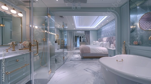 A boutique hotel-inspired bathroom featuring a freestanding soaking tub and marble countertops