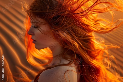 A happy event, orange layered hair blowing in the wind