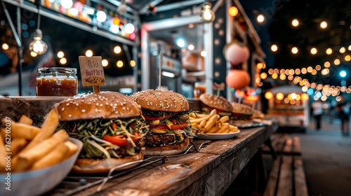 Lively food truck at urban food festival, selective focus close up shot capturing diverse dishes