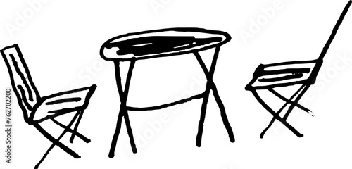 Garden tools hand drawn doodle illustration Table and chairs 