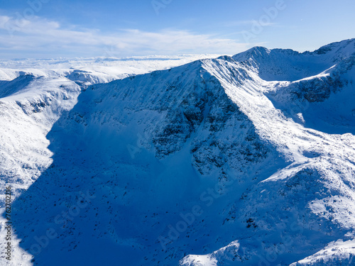 Aerial Winter view of Rila mountain near Musala peak, Bulgaria