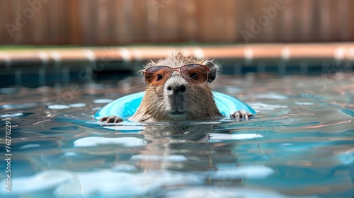  A dog, equipped with sunglasses, lounging by a pool, playfully clutching a frisbee in its jaws and gazing directly at the camera photo
