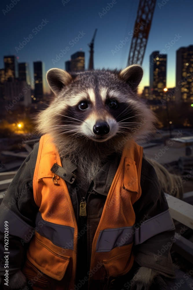 A raccoon wearing an orange safety vest. Generative AI.
