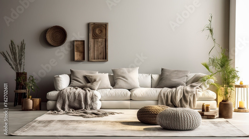 A living room with a white couch, a white rug, and a white throw blanket. There are two poufs and a vase with candles on a table. The room has a cozy and inviting atmosphere photo