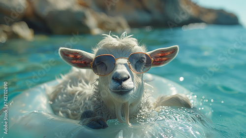  focused photo of a sheep in a body of water wearing sunglasses, surrounded by rocky background © Nadia