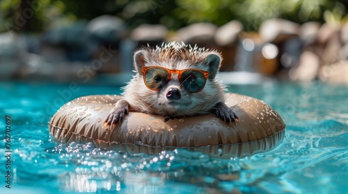  A small furry creature, clad in sunglasses, lounged atop an inflatable float in the pool © Nadia