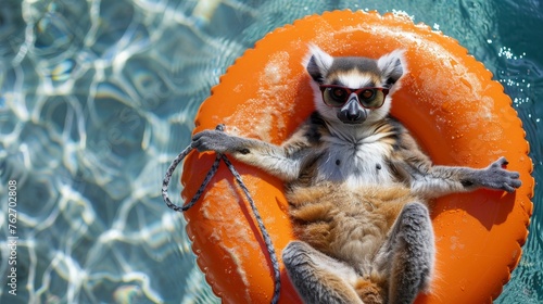  A lemur perched atop an inflatable float within a swimming pool, adorned with a collar photo