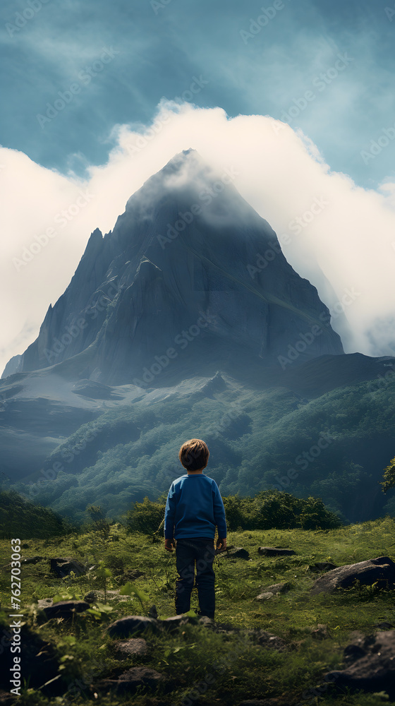 Kid looking up a massive mountain, kid looking up a mountain