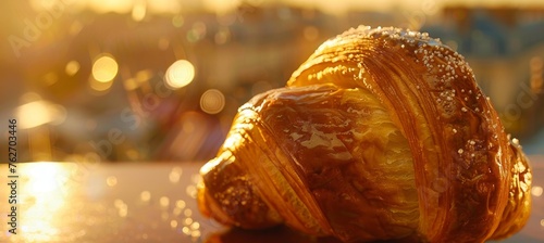 Close up of freshly baked french croissant with flaky layers, perfect for breakfast or snack time.