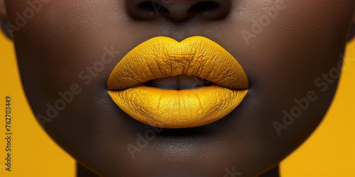  A clear depiction of a woman's face with yellow lips and yellow lipstick color, highlighting the facial features in detail photo