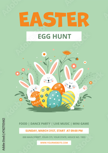 Easter egg hunt flyer design. Easter party poster template for easter party. Vector illustration with bunnies and colorful Easter eggs on light green background.