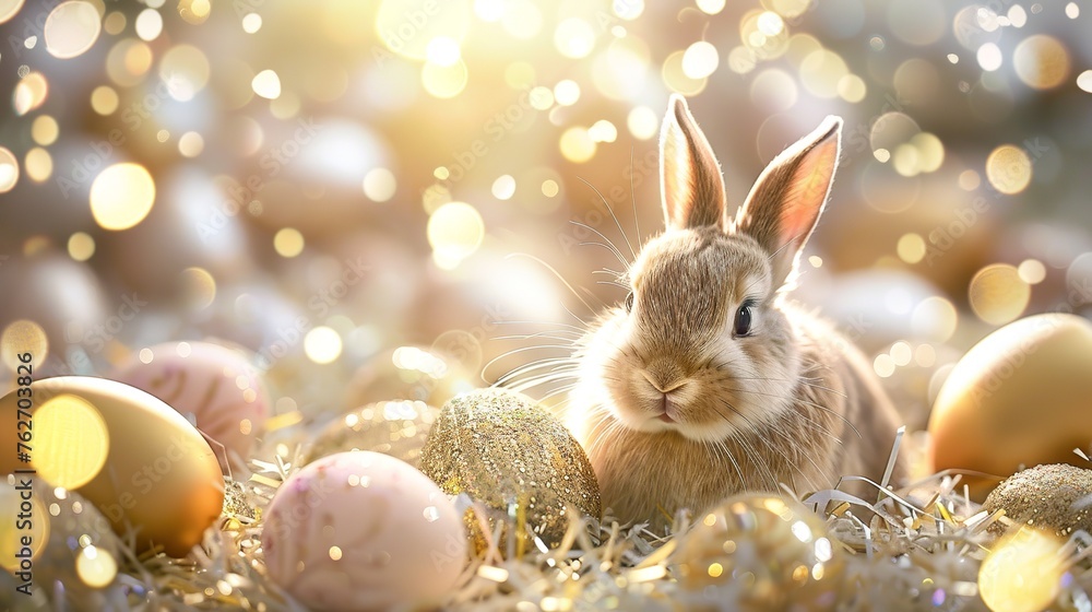 Cute Easter bunny, golden flitter - obrazy, fototapety, plakaty 