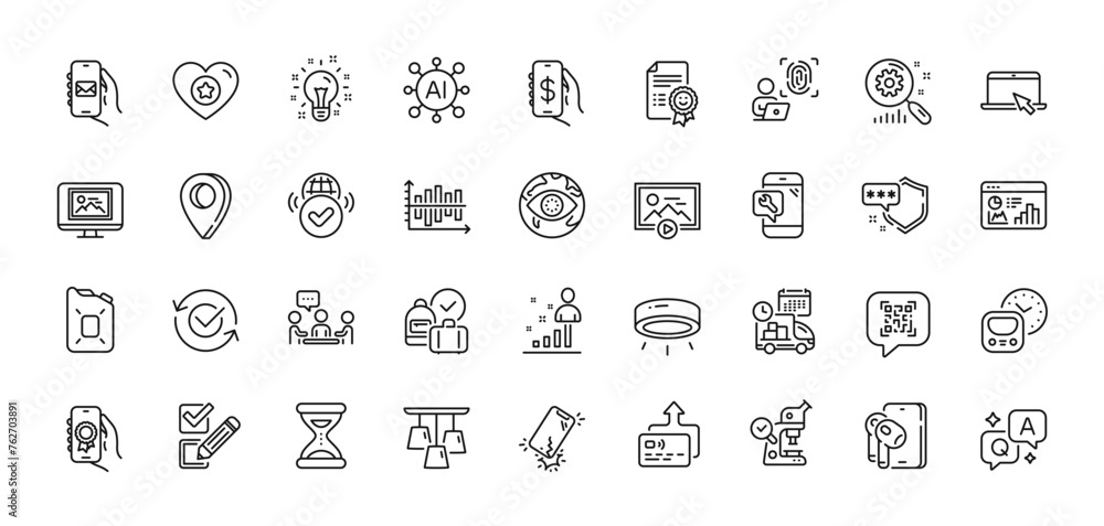 Computer fingerprint, Phone repair and Search statistics line icons pack. AI, Question and Answer, Map pin icons. Verified internet, Earphones, Start presentation web icon. Vector