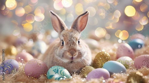 Cute Easter bunny, golden flitter