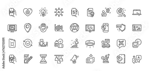 Computer fingerprint, Phone repair and Search statistics line icons pack. AI, Question and Answer, Map pin icons. Verified internet, Earphones, Start presentation web icon. Vector