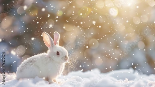 White rabbit is sitting on snow blurred background. AI generated image