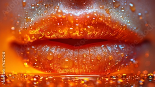  A close-up shot of a woman's lips, adorned with droplets of water