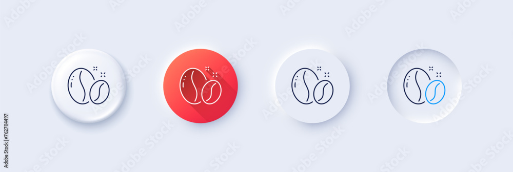 Coffee beans line icon. Neumorphic, Red gradient, 3d pin buttons. Hot cappuccino seed sign. Roasted seeds symbol. Line icons. Neumorphic buttons with outline signs. Vector Coffee beans line icon. Neumorphic, Red gradient, 3d pin buttons. Hot cappuccino seed sign. Roasted seeds symbol. Line icons. Neumorphic buttons with outline signs. Vector