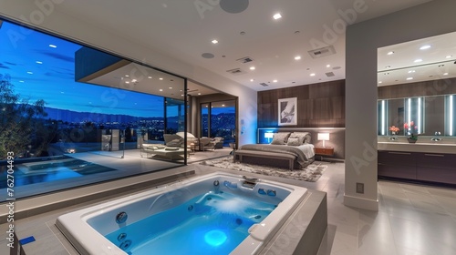 A contemporary master retreat with a luxurious bathroom featuring a sunken spa tub and dual vanities, leading into an elegantly appointed bedroom with floor-to-ceiling windows and panoramic views. photo