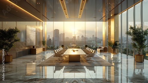  A long conference room with a city view from the large window, featuring a table and chairs © Nadia