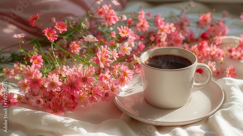  A cup of coffee atop a saucer resting on a second saucer beside pink blossoms