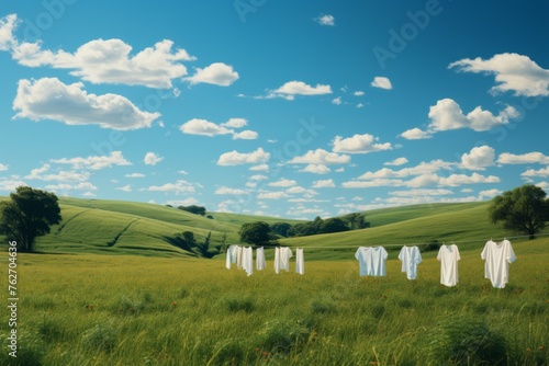 Clothesline over green field on a bright sunny day. White t-shirts drying. 
