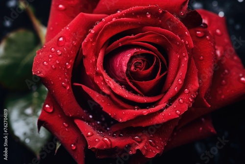 Red Rose with Water Droplets Close-Up. Velvet Red Rose with Water Drops Isolated on Black