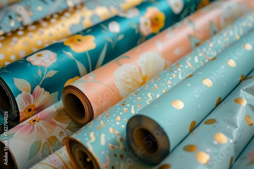 photo rolls of wrapping paper with polka dot and floral prints in pastel and gold colors for a birthday party