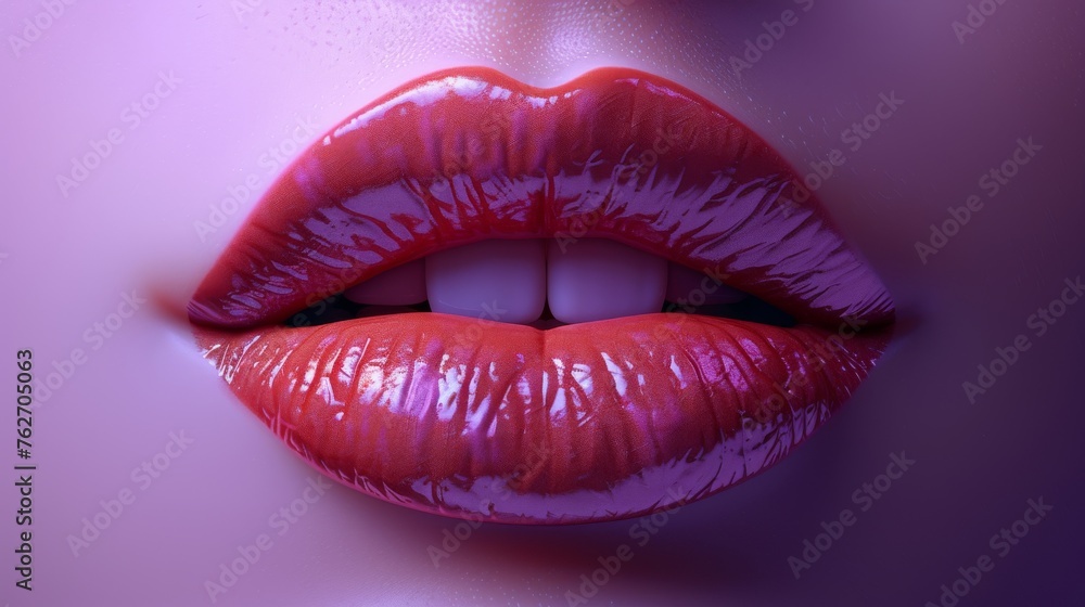 A sharp focus of a woman's mouth with vibrant red lipstick against a soft pink backdrop A sharp focus of a woman's mouth with vibrant red lipstick against a soft pink backdrop