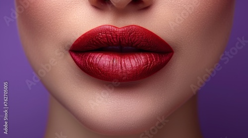  Close-up of a woman s lips with red lipstick on her cheek against a pink background