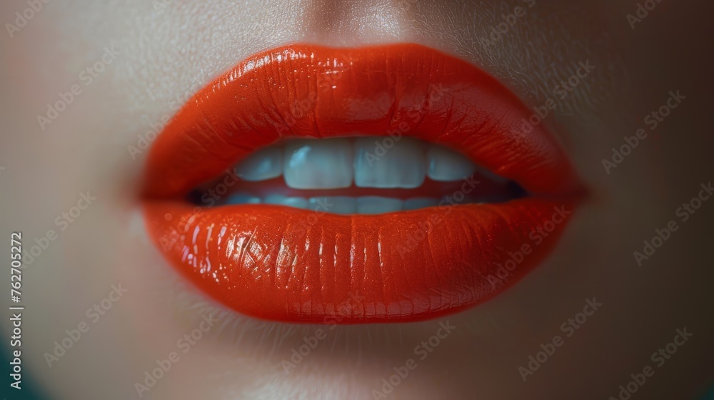 Close-up image of woman's lips with bright orange lipstick applied to both upper and lower lip Close-up image of woman's lips with bright orange lipstick applied to both upper and lower lip