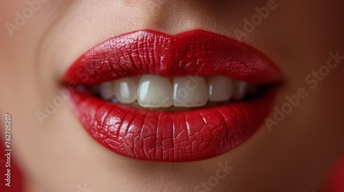  A photo shows a woman smiling with a red lip, revealing her teeth