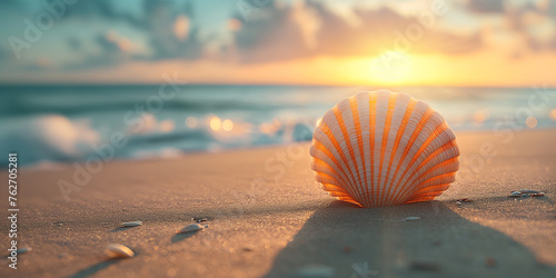  Beautiful shell on the sand against the backdrop of the sea and sunset
