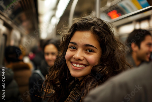 Young woman smiling in the subway