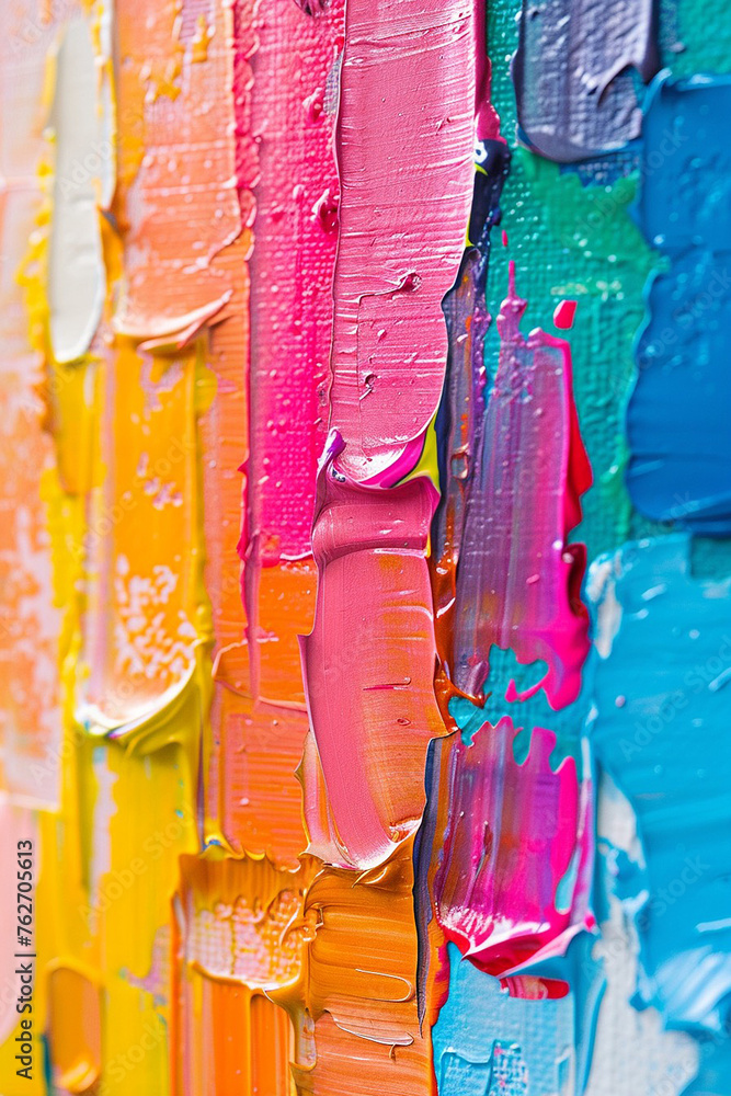 Closeup of Abstract Rough Colorful Multicolored Rainbow Colors Art Painting Texture with Oil Brushstroke Palette Knife Paint on Canvas Dripping Color