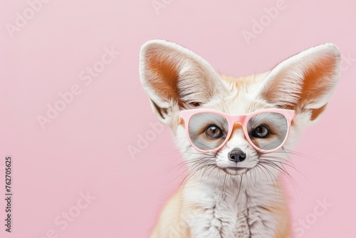 photo portrait of a fennec fox wearing pink glasses on a pastel pink background. There is empty space for text on the left