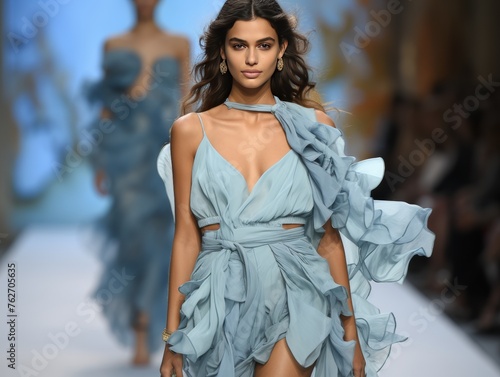 Model Struts in Blue Dress photo