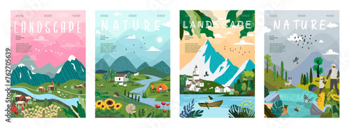 Nature and landscape. Vector illustration of mountains, trees, plants, fields and farms. For prints, cover or card designs, art decoration.