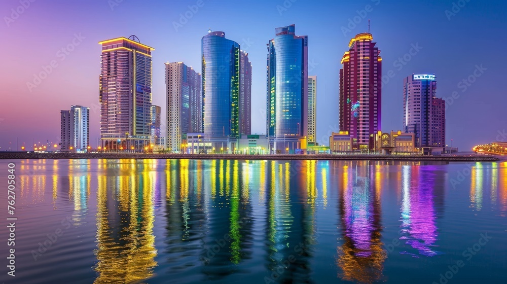 Majestic panoramic view of a vibrant metropolis illuminated at night by the calm sea Majestic panoramic view of a vibrant metropolis illuminated at night by the calm sea