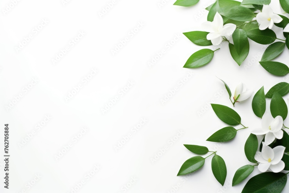 Vibrant White Flowers and Lush Greenery on Blank Canvas. A captivating arrangement of pure white flowers and lush green leaves offers a peaceful corner of nature on a blank white canvas - obrazy, fototapety, plakaty 